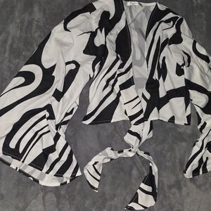 Tie-Front Black & White Patterned Blouse